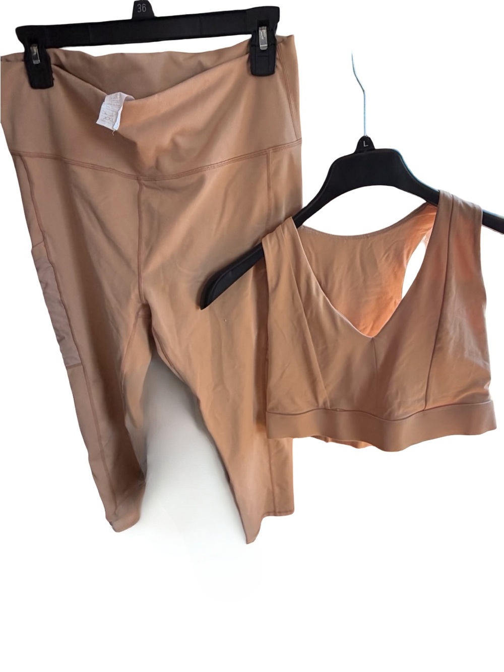 Fabletics PowerHold Sports Bra in Light Beige and matching pants with Pockets!
